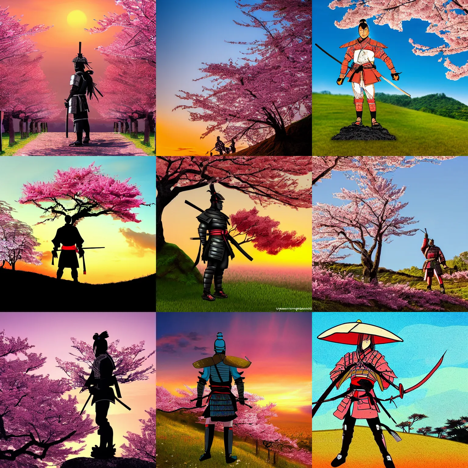 Prompt: samurai in armor standing on a hill at sunset, a cherry blossom tree is next to the samurai, in the style of anime