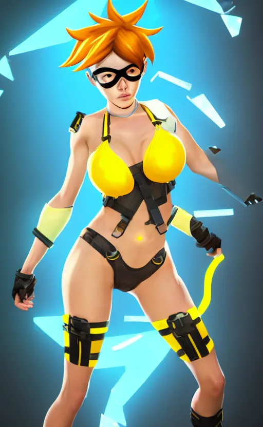 KREA - tracer game character, in yellow bikini, blonde hair, black