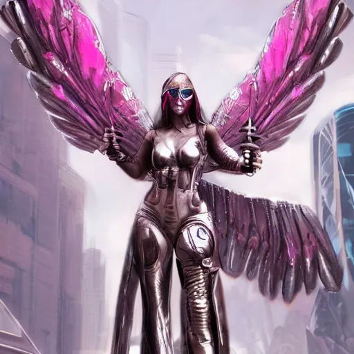 Image similar to cyberpunk valkyrie woman with wings made of metal and pink and silver armor, flowing hair, cityscape, protesting signs, fighting, artstation, realistic, high detail digital painting, artstation,