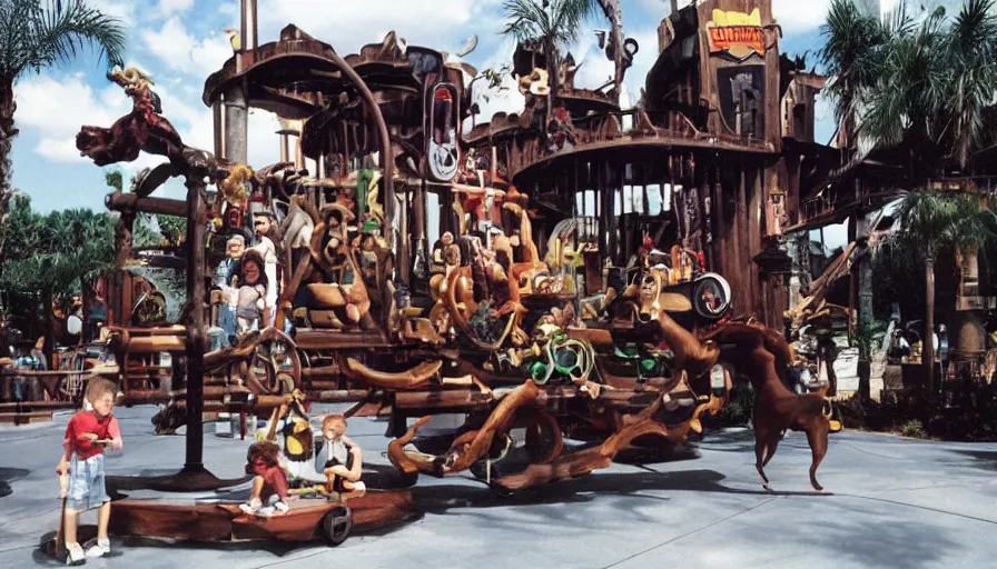 Image similar to 1990s photo of inside the Dogboy's Pirate Adventures show ride at Universal Studios in Orlando, Florida, children riding an animatronic dog through a Pirate village , cinematic, UHD