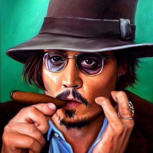 Prompt: portrait of johnny depp as a mafia boss, smoking a cuban cigar, amazing detail, award winning, realism painting