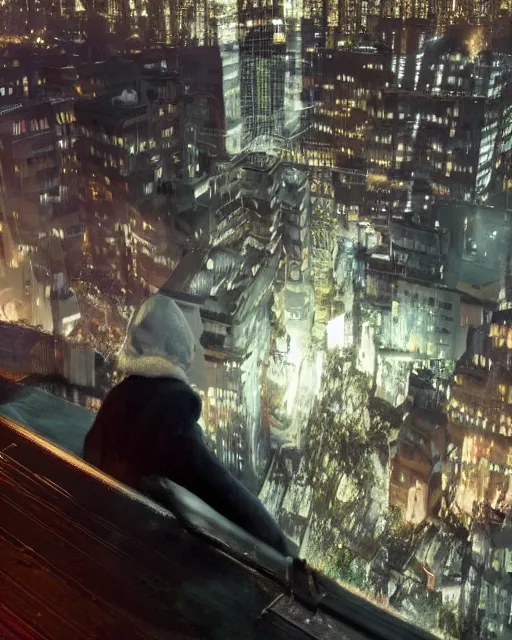 Prompt: a night rooftop scene, light from traffic in the city below, close up shot of a gangster wearing a streetwear trench coat looking at the city below, unreal engine, hyper realism, realistic shading, cinematic composition, realistic render, octane render, detailed textures, photorealistic, in the style of Makoto Shinkai