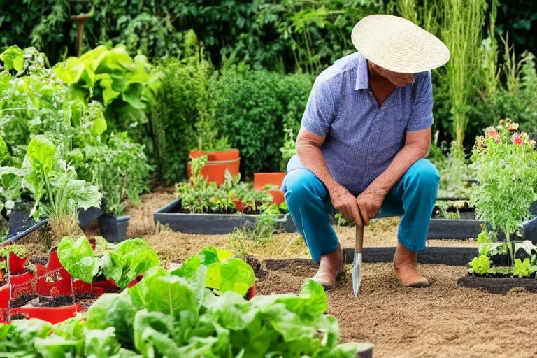 Prompt: middle - age - man wearing a straw hat looking down to the ground kneeling beside a healthy luscious beautiful vegetable garden with gardening tool leaning by his side