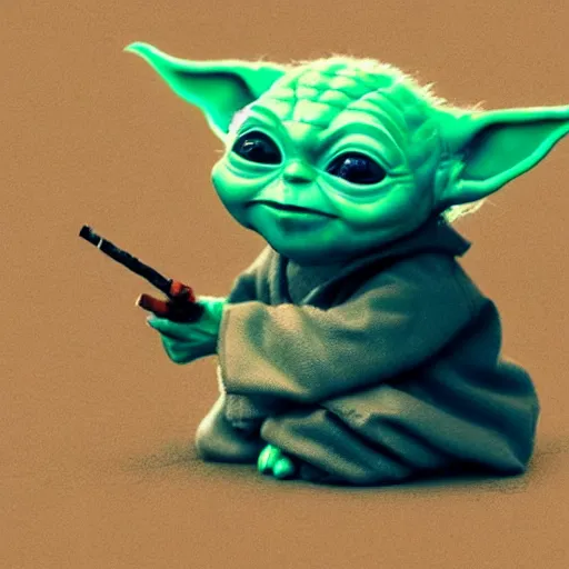 Prompt: digital illustion of baby yoda smoking a cigarette, sitting next to a discarded cigarette pack, deviantArt, artstation, artstation hq, hd, 4k resolution