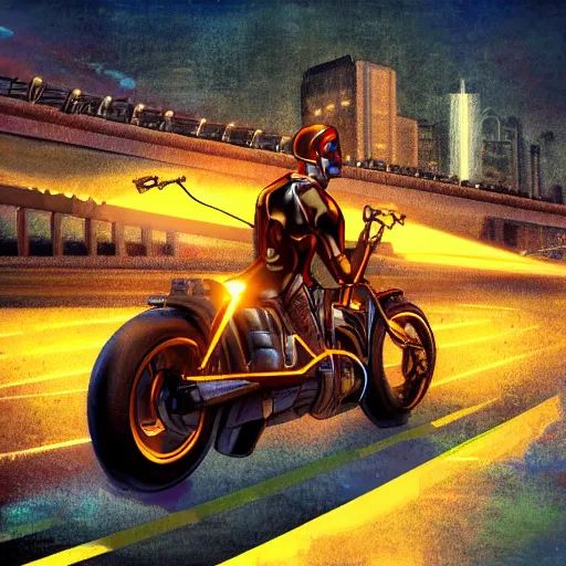 Image similar to cyborg rides a motorcycle down gotham city art deco highway, goliath statue support beams, ayn rand raised highway, filiment buld traffic lights, golden light, dark oil painting, global illumination