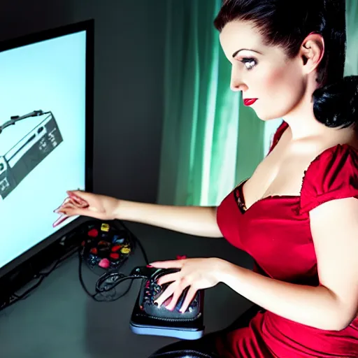 Prompt: a pin up woman playing a videogame, front view, dark lighting, couch, control, photo