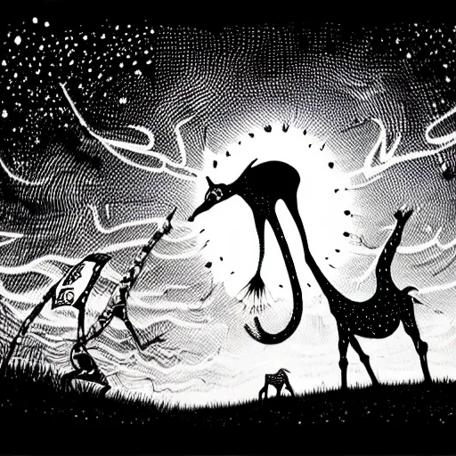 Prompt: black and white trippy comic art of a giraffe being abducted by ufo, lots of particles, drawn by Martin Rowson, Tim Burton, Studio Ghibli, Alex Pardee, Nekro Petros Afshar, James McDermott, cgsociety 4K