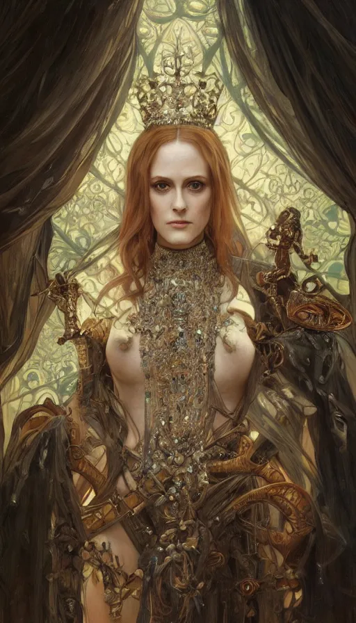 Image similar to a oil painting of a evan rachel wood queen, cute, fantasy, intricate, elegant, highly detailed, centered, digital painting, artstation, concept art, smooth, sharp focus, illustration, art by artgerm and h r giger and alphonse mucha