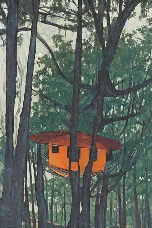 Image similar to spherical tree houses in flooded street ( ( ( ( painting by aaron douglas ) ) ) ) painting by alvar aalto