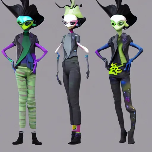 Image similar to character designs for a fashionable nonbinary androgynous gothic manta ray humanoid person with manta ray fin arms who sells empty spray paint cans as a scam and is always covered in paint and acting shady, designed by splatoon nintendo, inspired by tim shafer psychonauts 2 by double fine, cgi, professional design, gaming