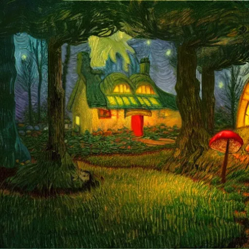 Image similar to mysterious detailed painting of a fairytale cottage in the woods at night, surrounded by giant glowing mushrooms, in the style of studio ghibli and moebius and claude monet and edward hopper and vincent van gogh