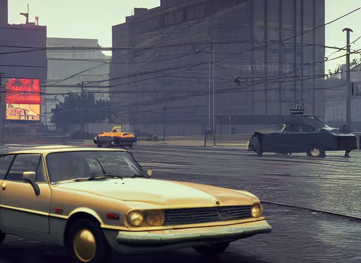 Prompt: still next - gen ps 5 game grand theft auto remaster, graphics mods, rain, golden hour, people, rtx reflections, gta vi, moscow, soviet apartment buildings, photorealistic screenshot, unreal engine, 4 k, 5 0 mm bokeh, close - up old soviet lada car, gta vi, remastered, artstation, 1 9 6 0