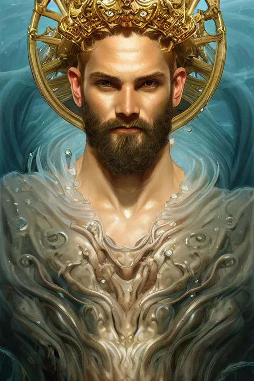 Image similar to portrait Poseidon god of sea with crown, sci-fi, fantasy, intricate, very very beautiful, elegant, highly detailed, digital painting, artstation, concept art, smooth, sharp focus, illustration, art by artgerm and greg rutkowski and alphonse mucha