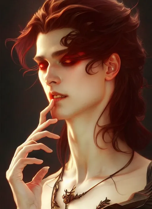 Image similar to ultra realistic illustration, handsome vampire. intricate, elegant, magic, highly detailed, digital painting, artstation, concept art, smooth, sharp focus, illustration, art by artgerm and greg rutkowski and alphonse mucha and wlop