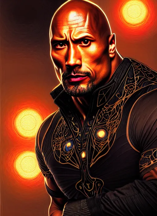 Prompt: portrait of dwayne johnson glowing eyes, volumetric lights, feast, music notes, art nouveau botanicals, gothic, intricate, highly detailed, digital painting, artstation, concept art, smooth, sharp focus, symmetric face, illustration, steampunk, art by artgerm and greg rutkowski and alphonse mucha