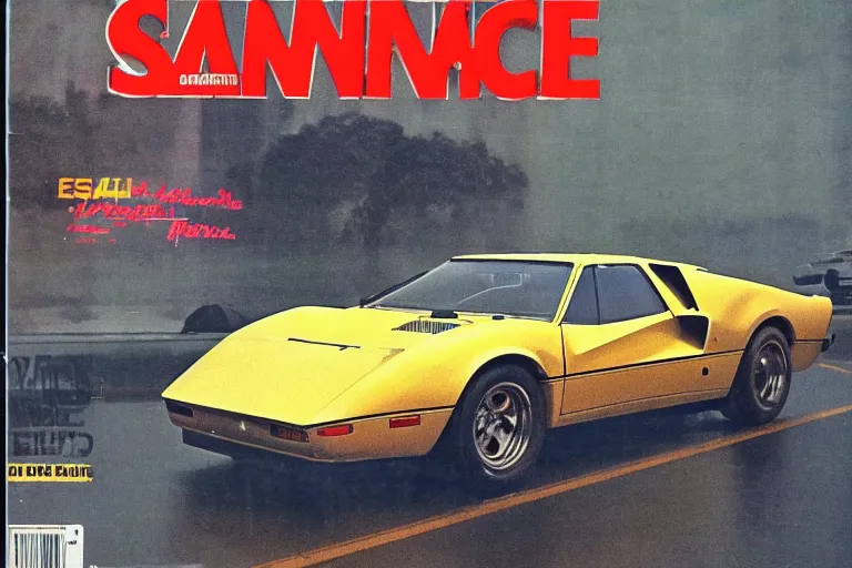 Image similar to 1979 Popular Science Magazine Cover of a single 1965 De Tomaso Pantera, with elements of the F40, Lotus, BMW M1, GT40 and Countach, cyberpunk city, raining, wet and reflective, movie still, cinematic Eastman 5384 film