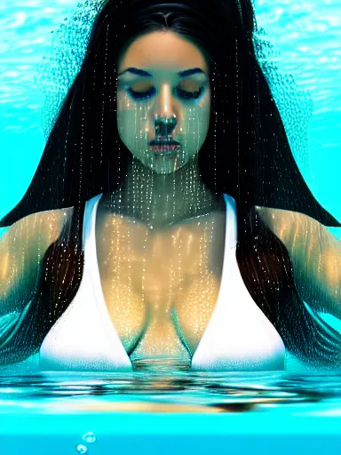 Image similar to portrait of beautiful, female, latina, floating under water, wearing robe, model, symmetrical!!, cinematic, filmic, vsco, fantasy, concept art, artstation, elegant, flim, dslr, full frame 3 5 mm, f 2