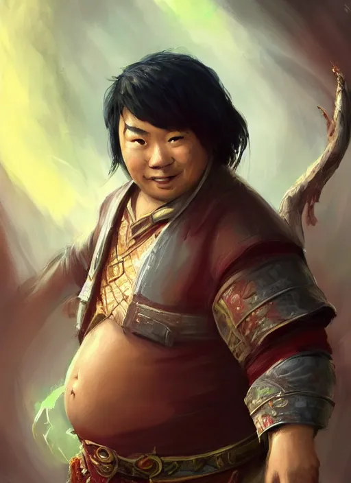 Image similar to slightly chubby asian man with medium black parted hair, dndbeyond, bright, colourful, realistic, dnd character portrait, full body, pathfinder, pinterest, art by ralph horsley, dnd, rpg, lotr game design fanart by concept art, behance hd, artstation, deviantart, hdr render in unreal engine 5