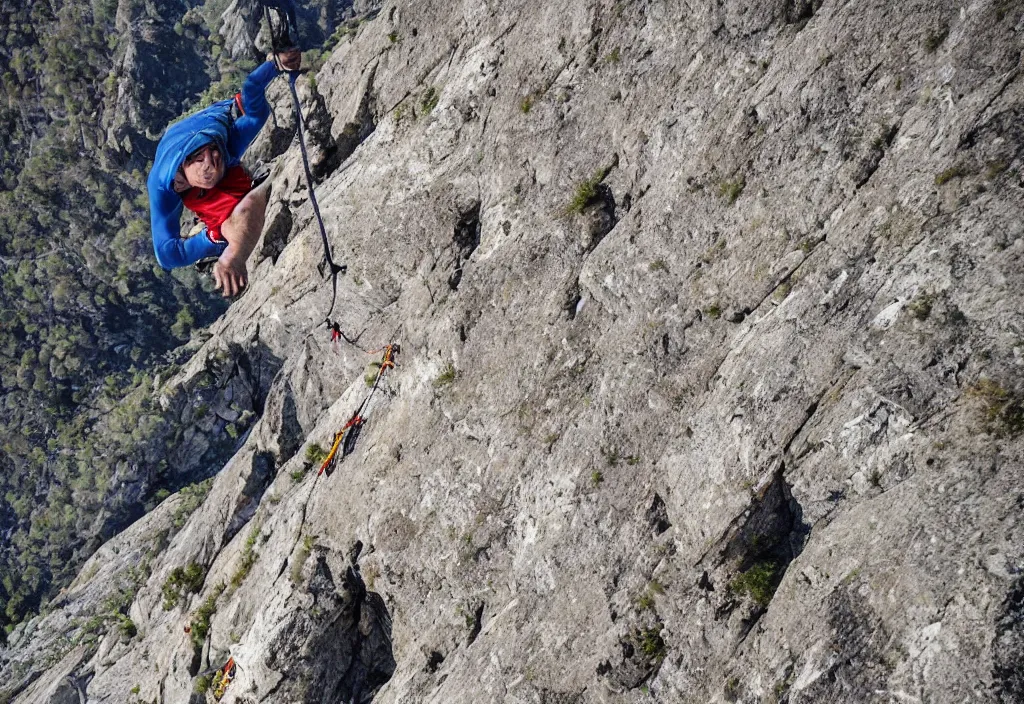 Image similar to telelens shot of a mountain climber free soloing a very steep mountain made up entirely out of french fries, sports photo,