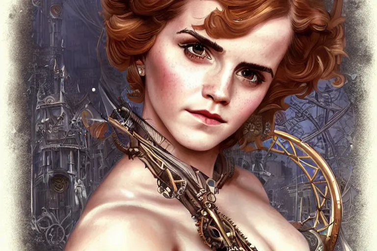 Image similar to three-quarters pose portrait of Emma Watson as a beautiful Lady Mechanika, very beautiful young woman, ginger wavy hair, Victorian-era push-up underwire. Intricate, steampunk imagery themed, D&D!, fantasy style, sharp focus!, ultra detailed, art by Artgerm and Peter Andrew Jones