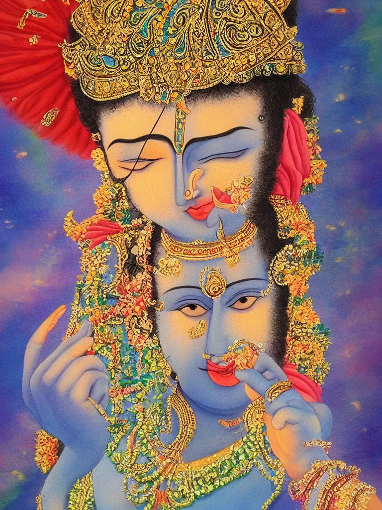 Prompt: a close up portrait of lord krishna, beautiful painting, peaceful, calm, relaxing