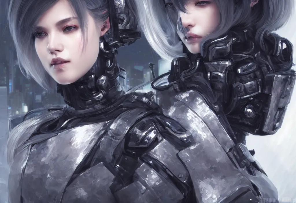 Prompt: portrait holy medium grey hair of futuristic police girl, black armored uniform, at futuristic cyberpunk tokyo night, ssci - fi and fantasy, intricate and very very very beautiful, highly detailed, digital painting, artstation, concept art, smooth and sharp focus, illustration, art by tian zi and wlop and alphonse mucha