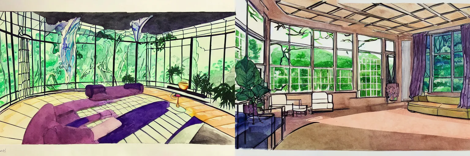 Prompt: pen and watercolor drawing of high ceiling 70s Mansions interior design filled with fine china sunroom massive leaves and a waterfall by Charlotte Salomon, by Studio Ghibli, by Seiichi Hayashi, Concept art by Syd Mead, cinematic lighting, a masterpiece