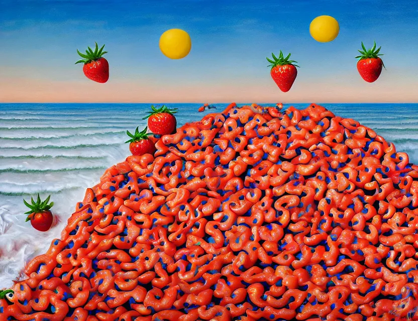 Image similar to a funny detailed high resolution oil painting with dirty old brush of a lazy red burning and melting tomato with to many googly eyes on a beach to hot for the sun, big piles of strawberry icecream in cones falling from the sky on a sunset by james jean and fernando botero