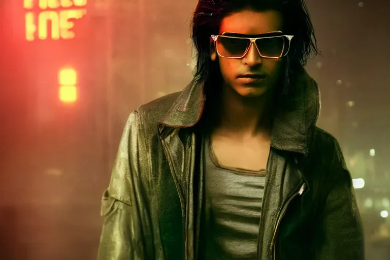 Prompt: an indian teenager with feathered middle part curtain hairstyle and glasses, cyberpunk, blade runner, film still, 2 0 7 7, cyberpunk, dramatic lighting, intricate cyberpunk city,