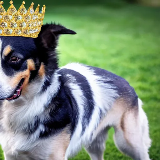 Image similar to A very realistic photograph of a dog wearing a golden crown with gems.