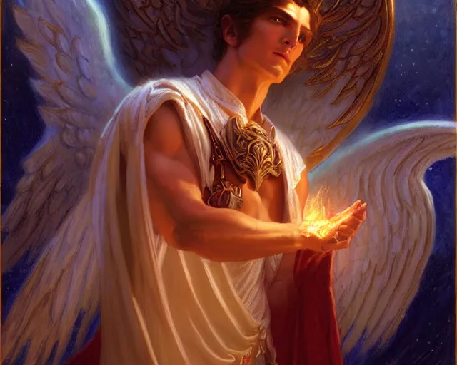 Image similar to attractive angel male deity, casting magic, summoning handsome lucifer morning star. highly detailed painting by gaston bussiere, craig mullins, j. c. leyendecker 8 k