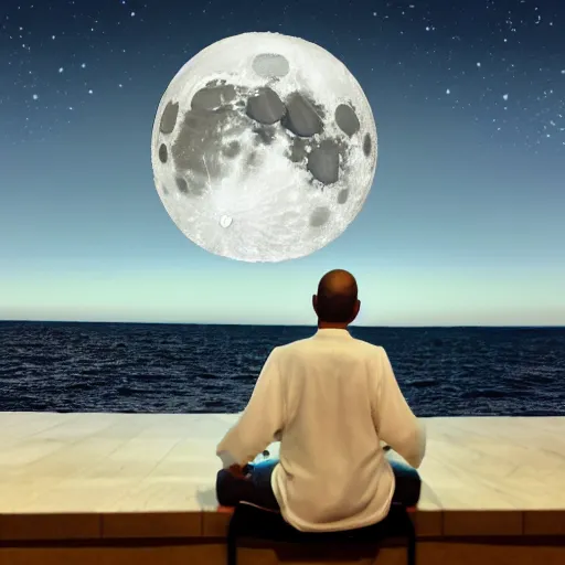 Image similar to back view of a sitting man wearing white robe playing piano in front of a giant moon rising from ocean