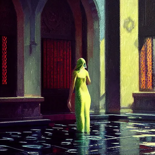 Image similar to action moment, detailed face! of a woman, courtyard, capital, cyberpunk mosque interior, control panel, watcher, omniscient, tech noir, wet reflections, impressionism, atmospheric, ambient, speed painting, livia prima, edward hopper