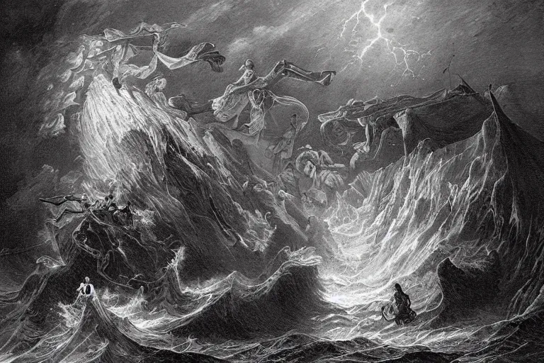 Image similar to highly detailed big open book, open book page, don quixote left the book, symmetrical face, magical, roman myth, masterpiece, crashing waves, lightning, highly detailed painting by gustave dore