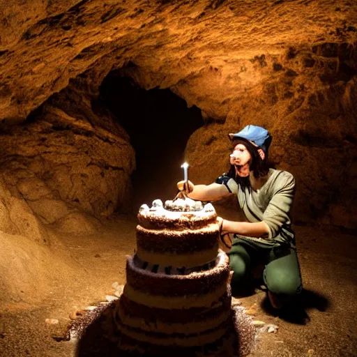 Image similar to an adventurer finding a cake in a dark mysterious cave