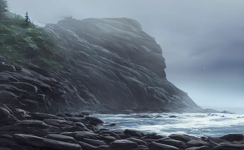 Image similar to exterior traveling greyhound bus circa 2 0 1 5, directed by charlie kaufman ( 2 0 0 1 ) anamorphic lenses, a rocky shore in the foreground, foggy volumetric light morning, a beam of light from the heavens, cinematic trending on artstation in the style of greg rutkowski