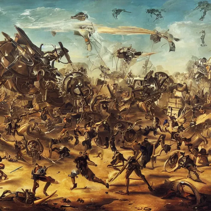 Image similar to an epic painting of the last human fighting a mechanical art machine