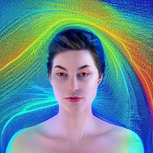 Image similar to portrait of a woman inspired by data - driven art, three dimensional, generative, self - confidence, electrons, coding, particle waves, spirals