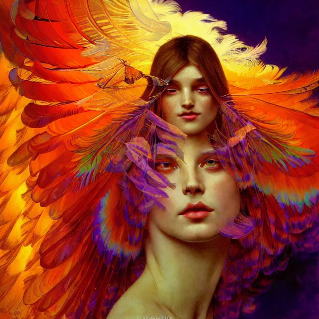 Prompt: face of young psychedelic transcendent feather mind bending psychedelic wings of glossy liquid honey flowing like kaleidoscopic translucent holograph, lsd feathers, feathery fluff, enlightenment, high contrast dappled lighting, refracted sunset, highly detailed, concept art, art by collier, albert aublet, krenz cushart, artem demura, alphonse mucha