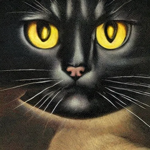 Image similar to a cat that shoots laser beams from the eyes, painted by caravaggio