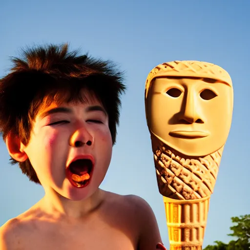 Image similar to a very upset and crying kid holding an ice cream cone with a small moai statue in the ice cream cone, 4 k photograph