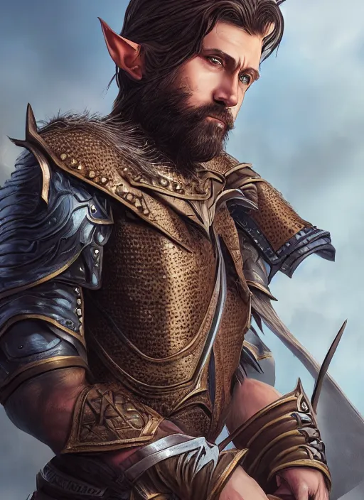 Image similar to A fantasy comic book style portrait painting of an arrogant half elf ranger, shaggy brown hair, scruffy beard, in leather studded armor, unreal 5, DAZ, hyperrealistic, octane render, cosplay, RPG portrait, dynamic lighting