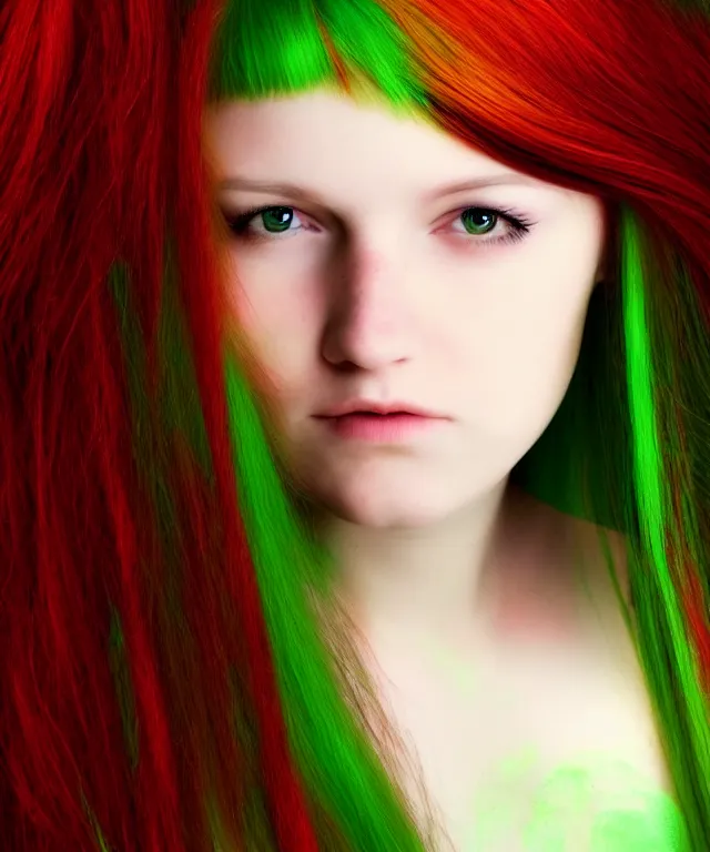 Image similar to Fae teenage girl, portrait, face, long red hair, green highlights, fantasy