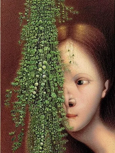 Prompt: The Hanging-Gardens of Pareidolia, ivy, string-of-pearls, verbena and pothos growing facial features and optical-illusions!!!!!, aesthetic, by Johfra Bosschart,