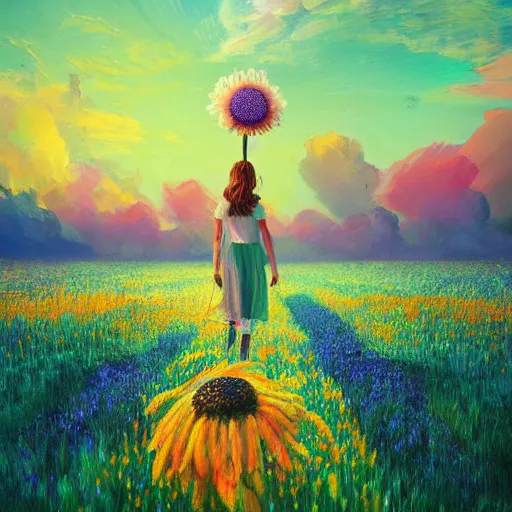 Image similar to giant daisy flower as a head, girl walking in flower field, surreal photography, sunrise, dramatic light, impressionist painting, colorful clouds, digital painting, artstation, simon stalenhag