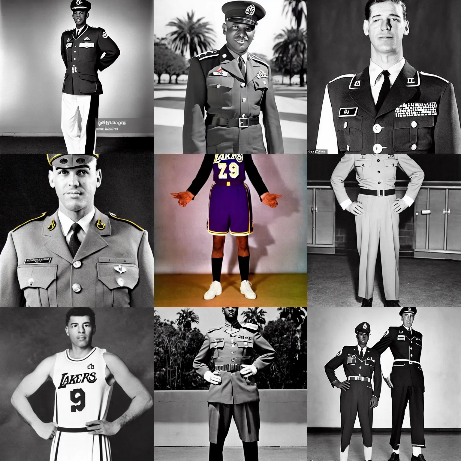 Prompt: full body portrait of the dictator of the los angeles lakers, 1 9 5 5, in full military garb