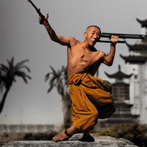 Image similar to a shaolin monk in the army, screaming and firing an automatic rifle