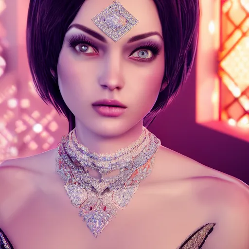 Image similar to portrait of wonderful princess of diamond with fair skin, ornate with diamonds, 8 k, gorgeous, intricate, detailed, glowing white accent lighting, dramatic lighting, octane render