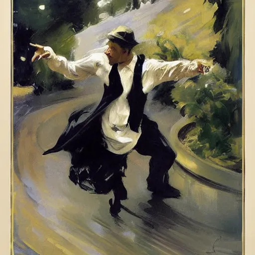 Prompt: poster of a man dancing in the rain by greg manchess and john singer sargent