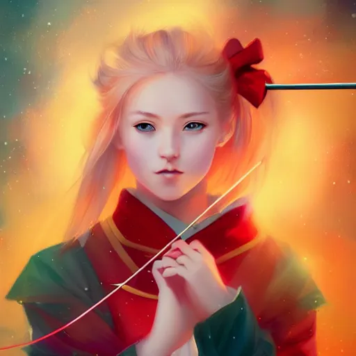 Prompt: colorful and festive captivating teenager girl with blonde hair, red japanese traditional clothes, shooting a firework with bow and arrow at the sky. rich vivid colors, ambient lighting, dynamic lighting, 4 k, atmospheric lighting, painted, intricate, highly detailed by charlie bowater